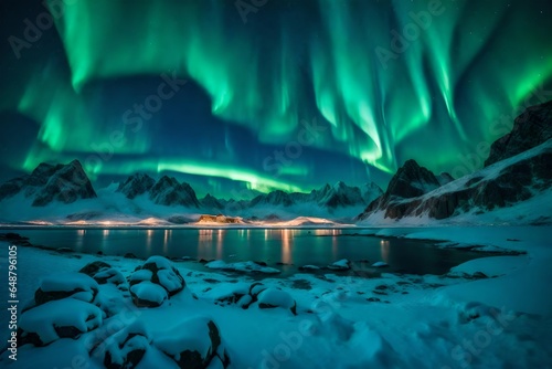 Aurora Borealis, Lofoten islands, Norway. Nothen light, mountains and frozen ocean. Winter landscape at the night time. Norway travel - image photo