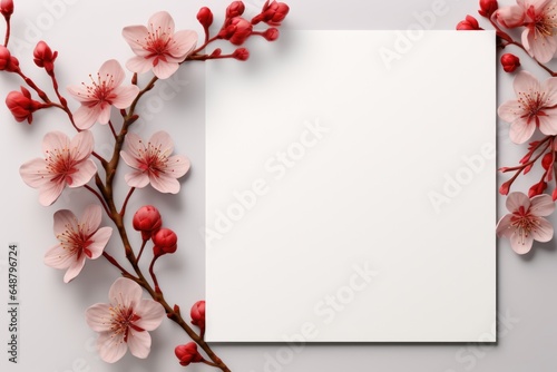 A white sheet of paper surrounded by pink flowers. Photorealistic AI. Floral background with copy-space.