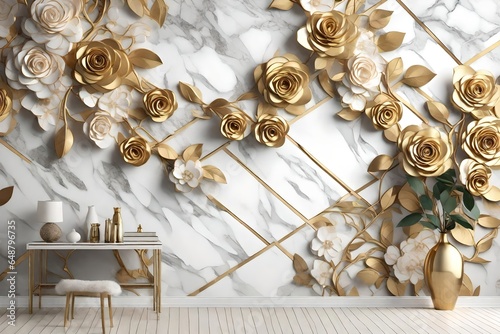 3D Wallpaper mural Design with Floral and Geometric golden branch chinese marble wallpaper flowers rose flowerd photo