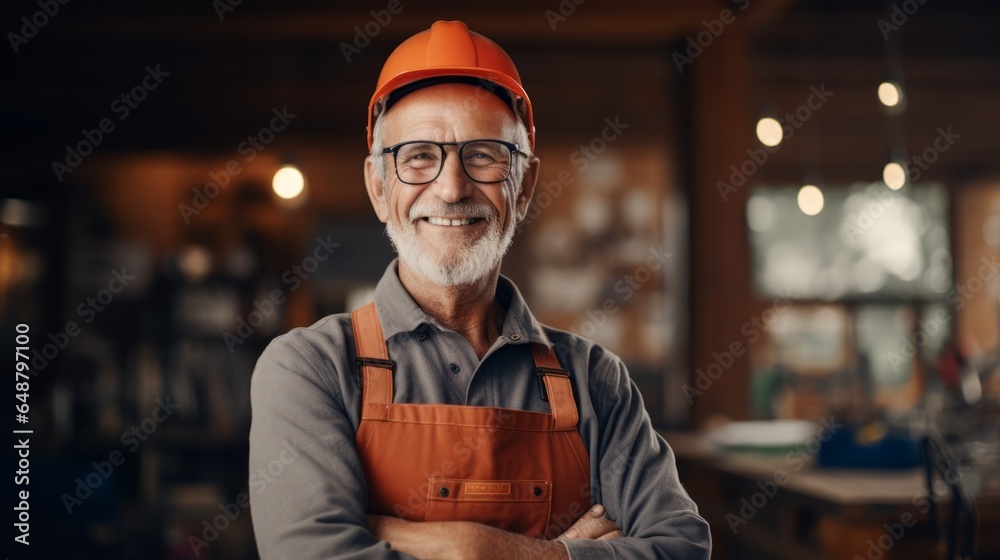 A happy elderly construction man standing on a construction site. Portrait of a caucasian male builder in an unfinished building. Guy wearing a protective hard hat in a constructing apartment building - obrazy, fototapety, plakaty 