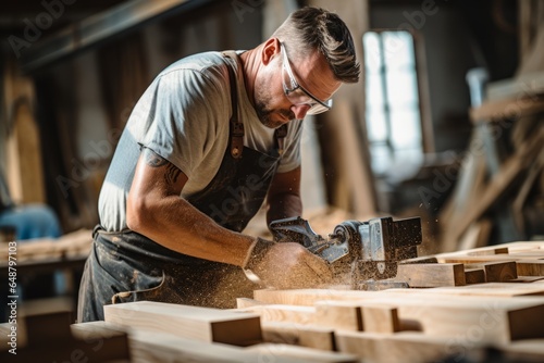 Portrait of a carpenter working with wood in a workshop. Caucasian man employee in the carpentry factory. Strong man busy in an industrial workshop on a sunny summer day. . photo
