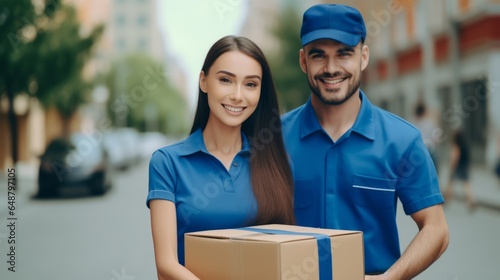 Beautiful delivery woman with a man holding parcels and smiling at the camera. Smiling couriers in uniform outdoors on a summer day. Portrait of a happy Caucasian pair delivering a cardboard package © Valua Vitaly