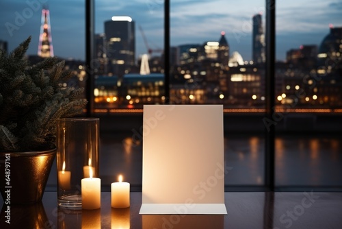 A table with candles and a picture of a city in the background. AI image. Christmas frame mockup, copyspace.