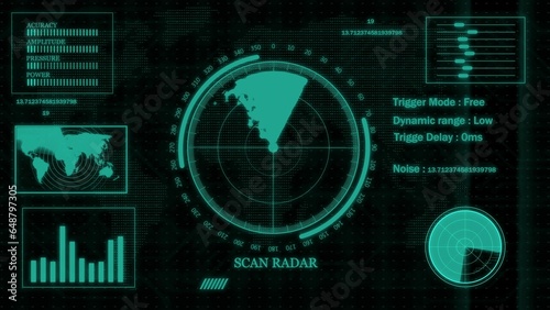 Futuristic User Interface Technological Background radar screen with target on map illustration background.