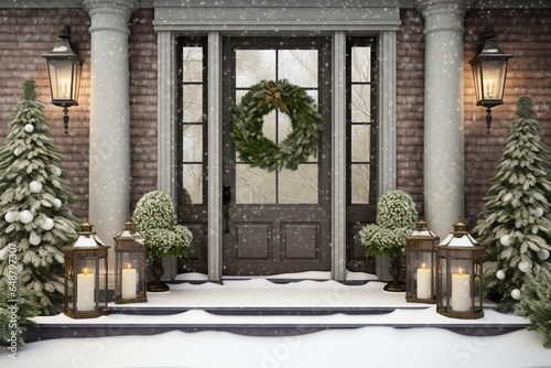 Beautiful stylish Christmas decorated porch, snowing
