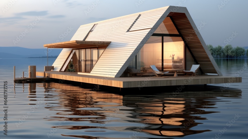 A floating tiny house on a body of water. Photorealistic AI.