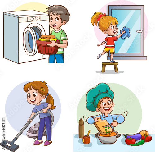 Cartoon kids doing housework, kids helping with housework. Boys and girls sweep, dust, wash dishes, mop the floor. cooking, washing laundry.