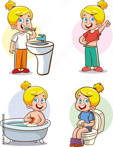 children washing face, washing hands, Brushing Teeth, Bathing, Washing Hands After Toilet.vector illustration of a child's bathroom routine