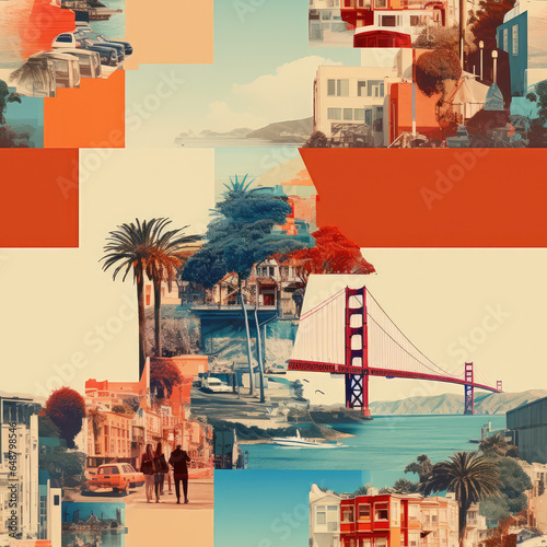 San Francisco golden gate bridge cartoon collage repeat pattern