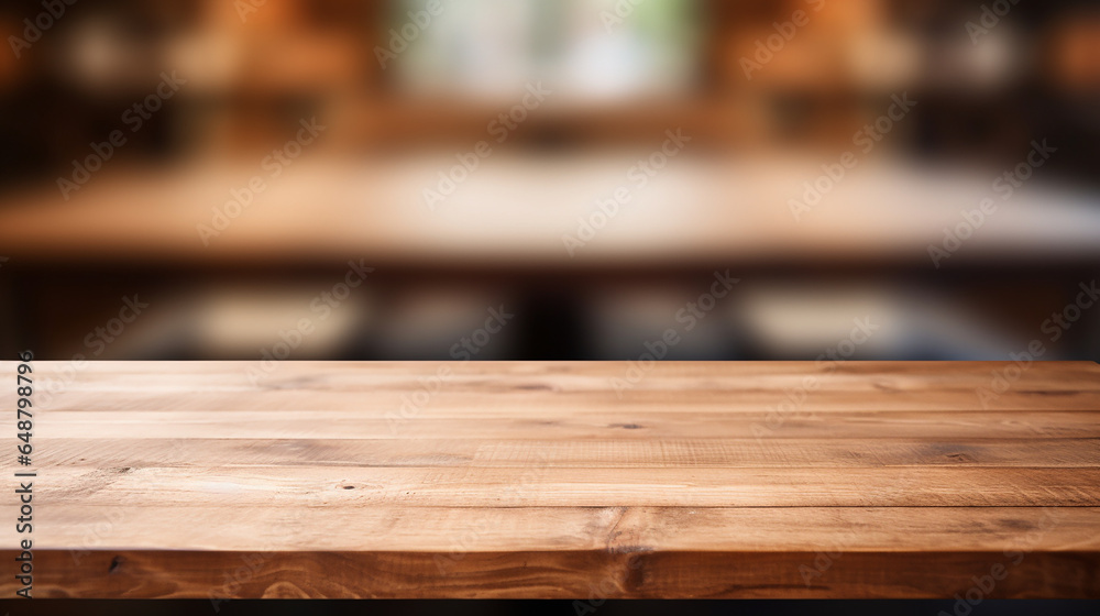 A photo of an empty wooden table top with a blur A photo of an empty wooden table top with a blur