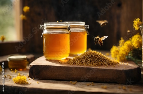 Handmade honey jar, with bees.