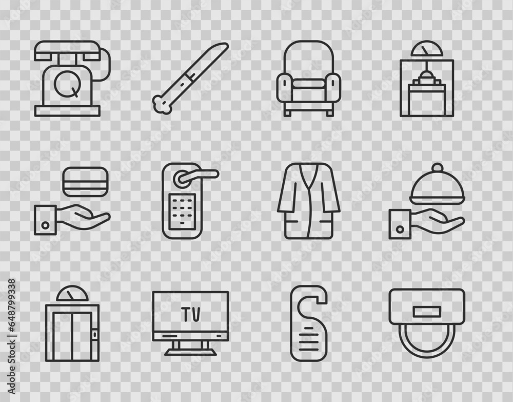 Set line Lift, Bellboy hat, Armchair, Smart Tv, Telephone handset, Digital door lock, Please not disturb and Covered with tray icon. Vector Set line Lift, Bellboy hat, Armchair, Smart Tv, Telephone handset, Digital door lock, Please not disturb and Covered with tray icon. Vector