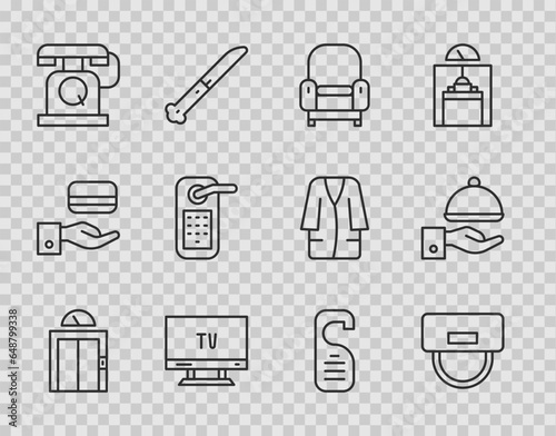 Set line Lift, Bellboy hat, Armchair, Smart Tv, Telephone handset, Digital door lock, Please not disturb and Covered with tray icon. Vector