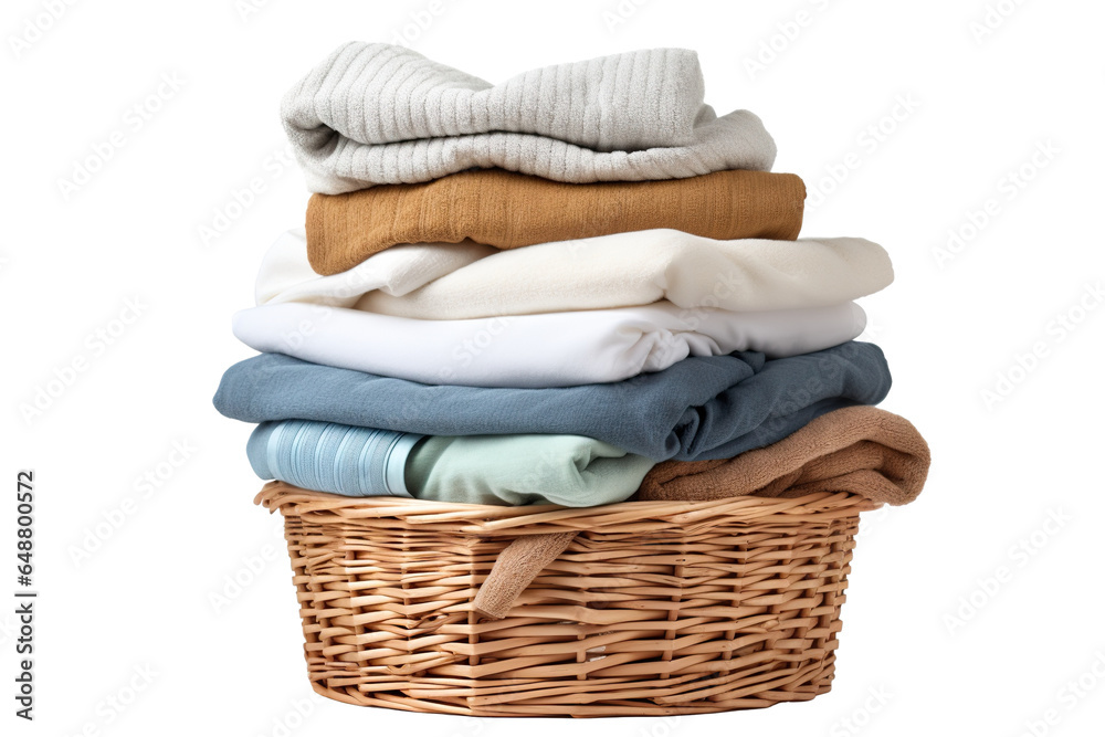 Stack of clean clothes and Wicker basket with clean laundry isolated on a white background PNG - obrazy, fototapety, plakaty 