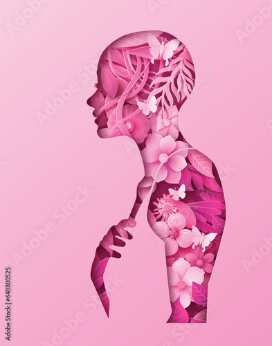Woman Floral Portrait with Ribbon — Breast Cancer Awareness in Paper Cut Style