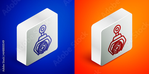Isometric line Grapple crane grabbed a log icon isolated on blue and orange background. Forest industry. Industrial crane for lumber trunk wood production. Silver square button. Vector