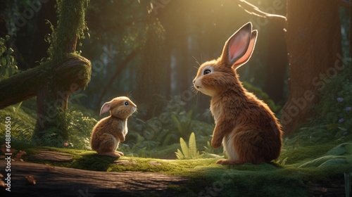 Create a short dialogue between the rabbit and a woodland creature nearby.