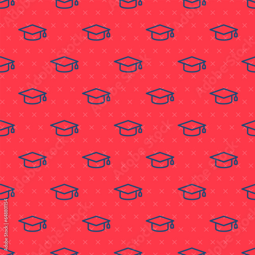 Blue line Graduation cap icon isolated seamless pattern on red background. Graduation hat with tassel icon. Vector