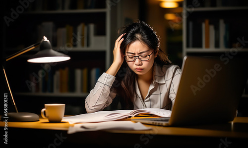Asian woman working with papers all over the desk, overworked and stressed concept, late night studying