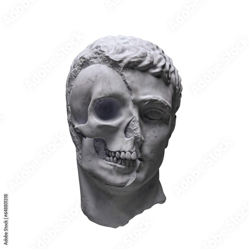 Abstract illustration from 3D rendering illustration of half skull white marble male head classical sculpture isolated on black background.