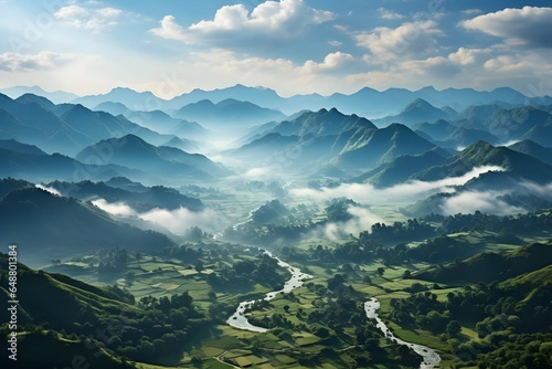 Fog Envelopes the Lush Landscape of the Tropic Valley. An Aerial View Reveals the Wide  Misty Panorama of Cloud-Shrouded Mountains and Dense Greenery.