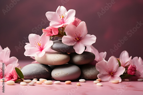 Lily and Spa Stones Adorn this Tranquil Scene. A Stack of Spa Massage Stones Nestled Amidst Pink Flowers  Set Against a Blissful Defocused Wellness Background with Ample Copy Space