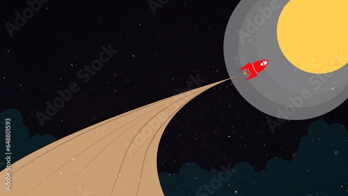 illustration with flying rocket and planets on a dark sky background