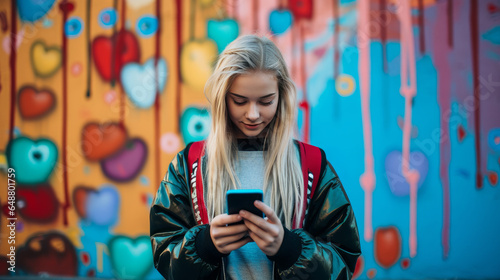 urban teenage girl with mobile phone with colorful background