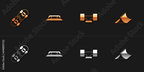 Set Broken skateboard, Skateboard stairs with rail, wheel and park icon. Vector