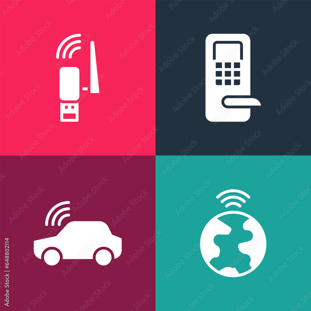 Set pop art Global technology, Smart car system, Digital door lock and Usb wireless adapter icon. Vector Set pop art Global technology, Smart car system, Digital door lock and Usb wireless adapter icon. Vector