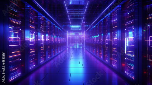 Server room data center, with blue and purple neon light running through the systems, with high end tech on stacks