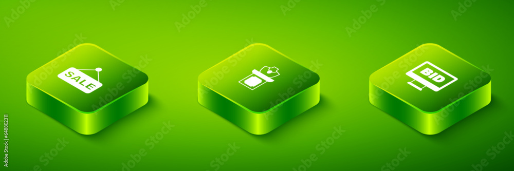 Set Isometric Auction jewelry sale, Online auction and Price tag with Sale icon. Vector Set Isometric Auction jewelry sale, Online auction and Price tag with Sale icon. Vector
