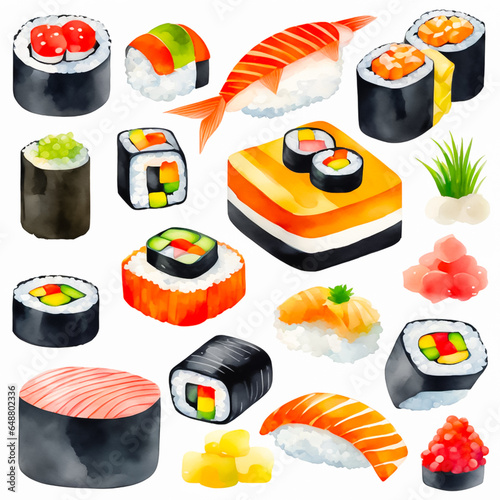 sushi, flat cartoon isolated on white background.