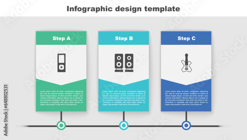 Set Music player, Stereo speaker and Electric bass guitar. Business infographic template. Vector