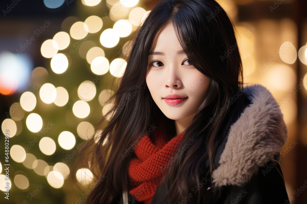 Asian woman smile in front of christmas tree, happy young female Asian woman smile in front of christmas tree, happy young female