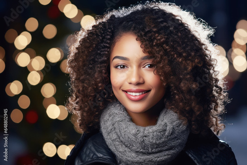 African woman smiling in front of christmas tree, happy young female