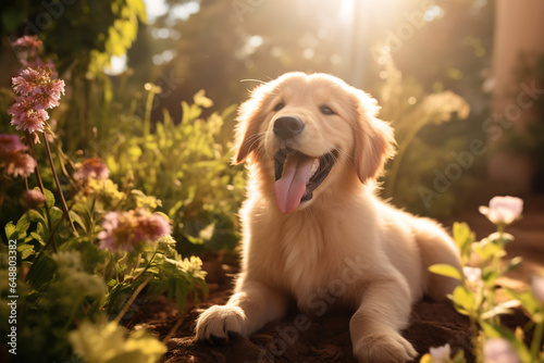 Golden retriever puppy playfully sitting in a sunlit garden, manifesting pure joy and playfulness