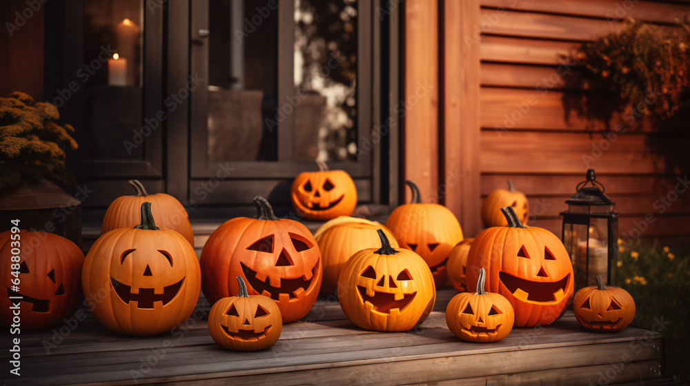 Fototapeta premium halloween pumpkin and pumpkins on a porch