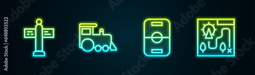 Set line Road traffic signpost, Toy train, Hockey table and Amusement park map. Glowing neon icon. Vector
