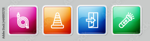 Set line Fire hose reel, Traffic cone, exit and Flashlight. Colorful square button. Vector