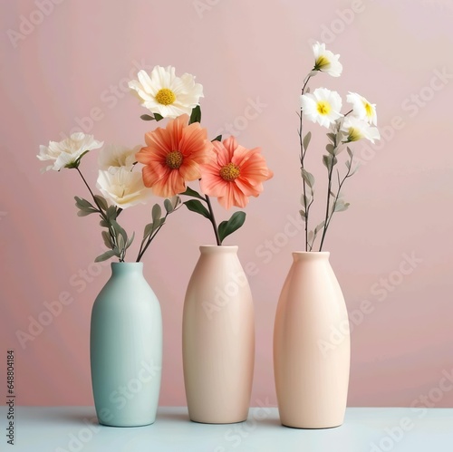 Pink and blue vase with White and red flower in it