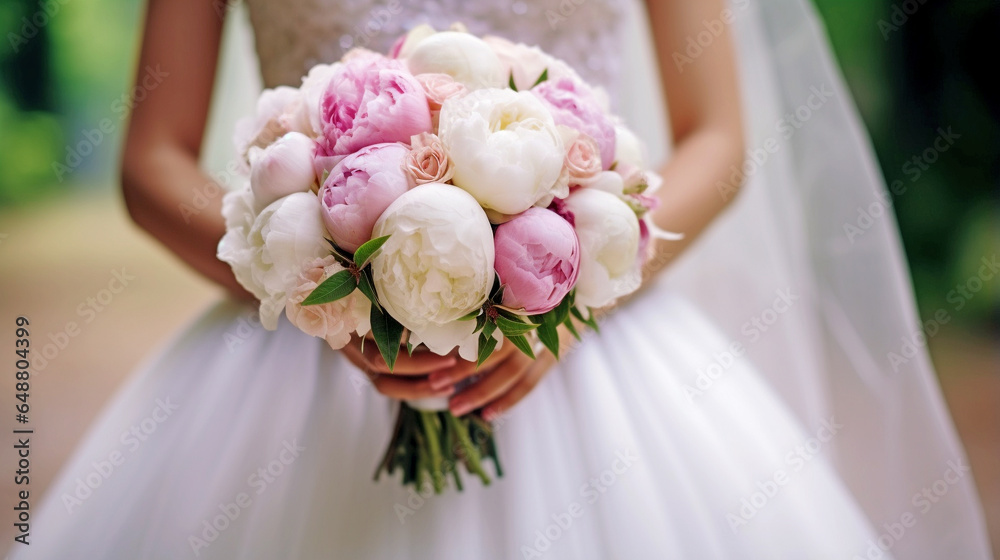 Bride with a bouquet of soft pink and white flowers, close-up. Generative Ai Bride with a bouquet of soft pink and white flowers, close-up. Generative Ai