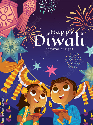 happy diwali day. festival of lights. illustration of two children holding candles under the sparkling light of fireworks
