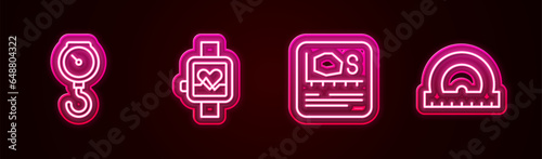 Set line Hand scale spring mechanical, Smart watch, Area measurement and Protractor. Glowing neon icon. Vector
