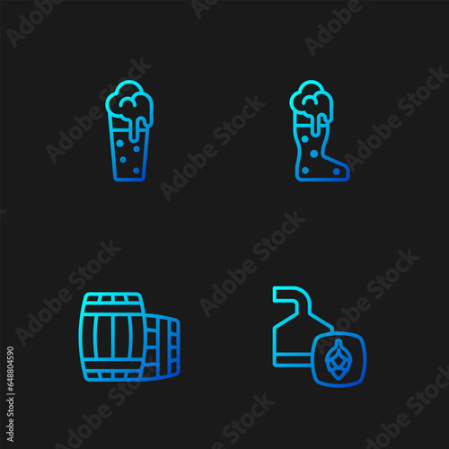 Set line Beer brewing process, Wooden barrel, Glass of beer and Boot glass. Gradient color icons. Vector