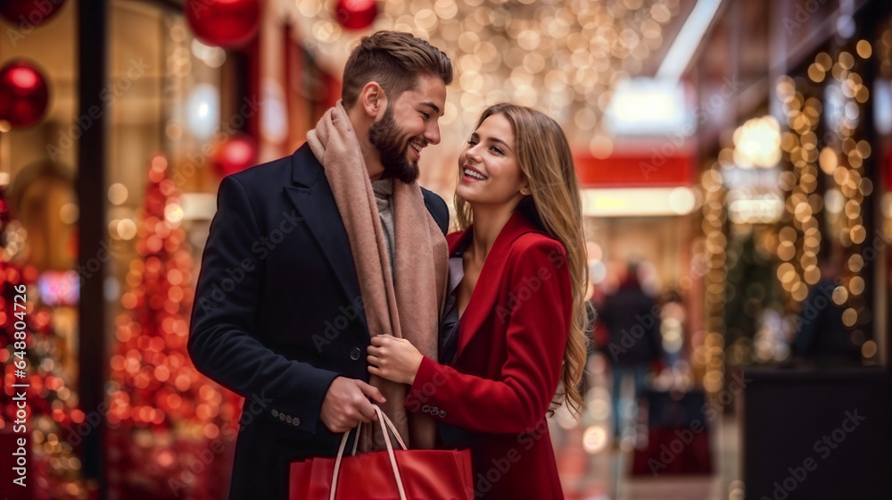 Happy couple shopping before Christmas. Generative AI - obrazy, fototapety, plakaty 
