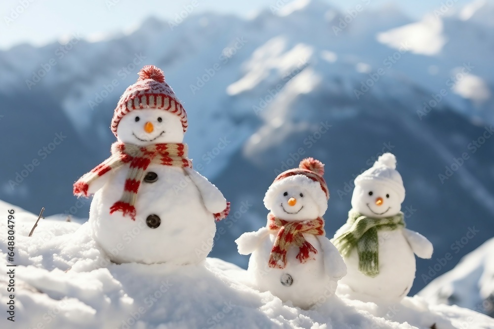 Happy snowmans in mountains, copy space. generative ai.