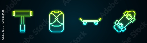 Set line Skateboard T tool, Baseball cap, and . Glowing neon icon. Vector