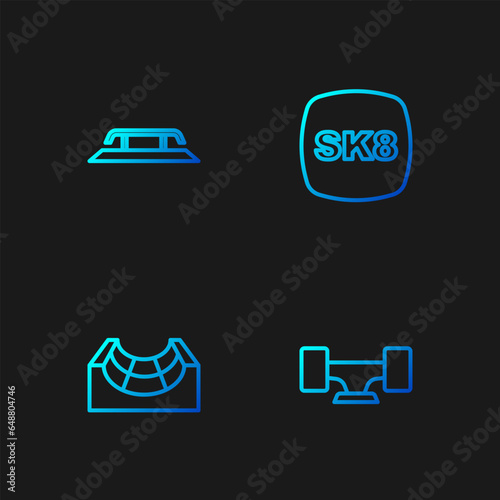 Set line Skateboard wheel, park, stairs with rail and . Gradient color icons. Vector