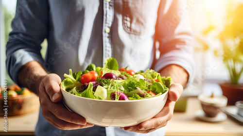 Fresh salad bowl close being held by a man's hands